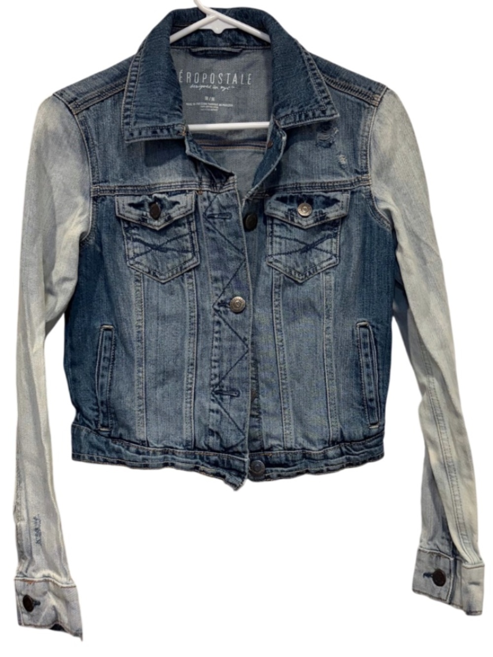 Aeropostale Light Bleached Blue Denim Distressed Button-up Jean Jacket